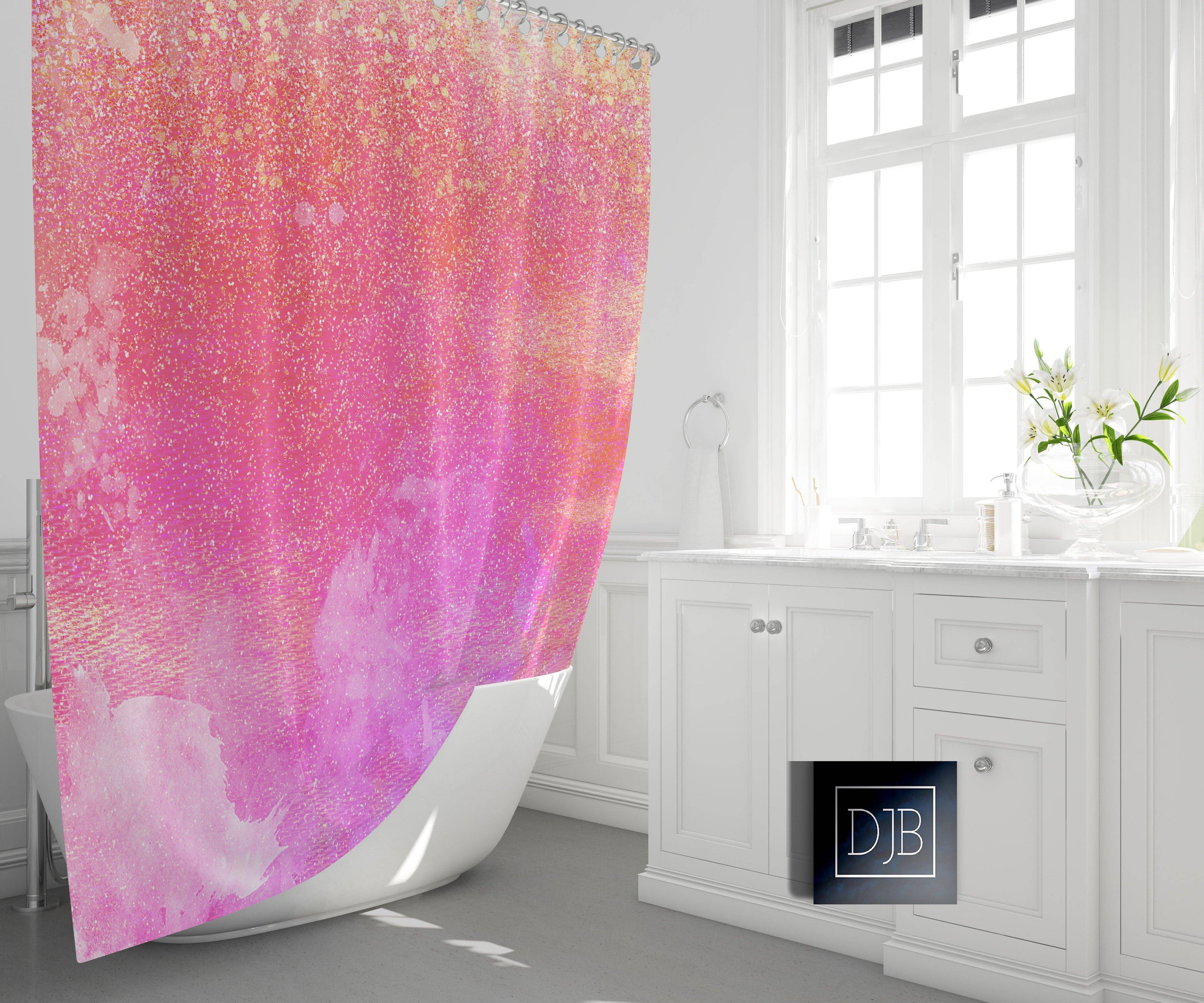Pink Abstract Watercolor Shower Curtain with Optional Bathmat | Pink and Purple Shimmer Bathroom Decor