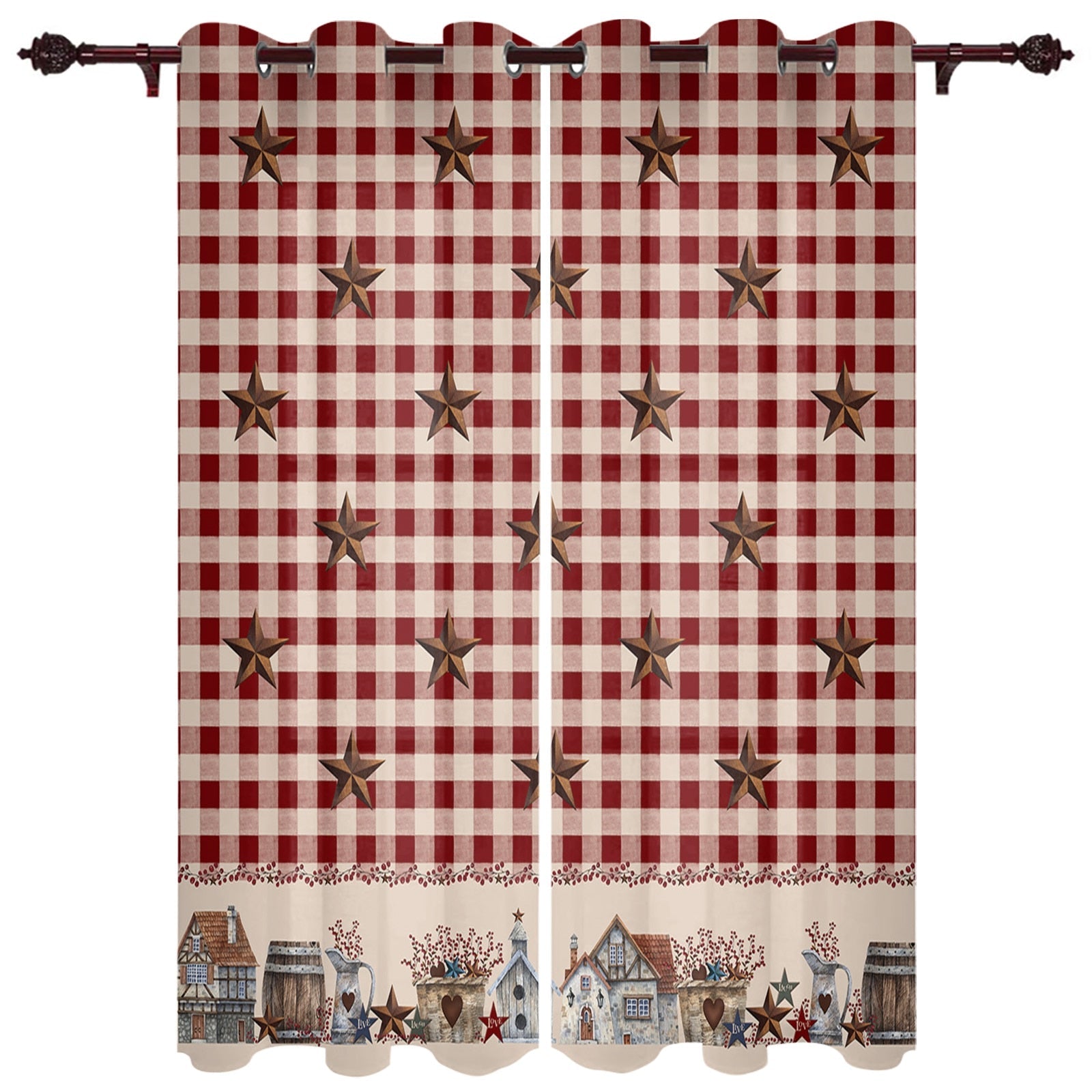 Country Star Berry Retro Red Plaid Curtains for Living Room Luxury Window Curtain Bedroom Kitchen Curtains Drapes