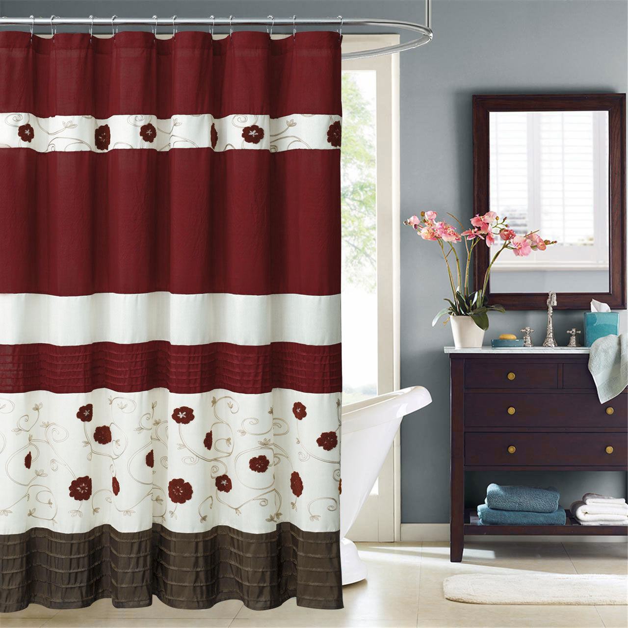 HIG Luxurious Farmhouse Unique Floral Emboridered Cloth Fabric Shower Curtain 72x72 Extra Long Bathroom Curtain