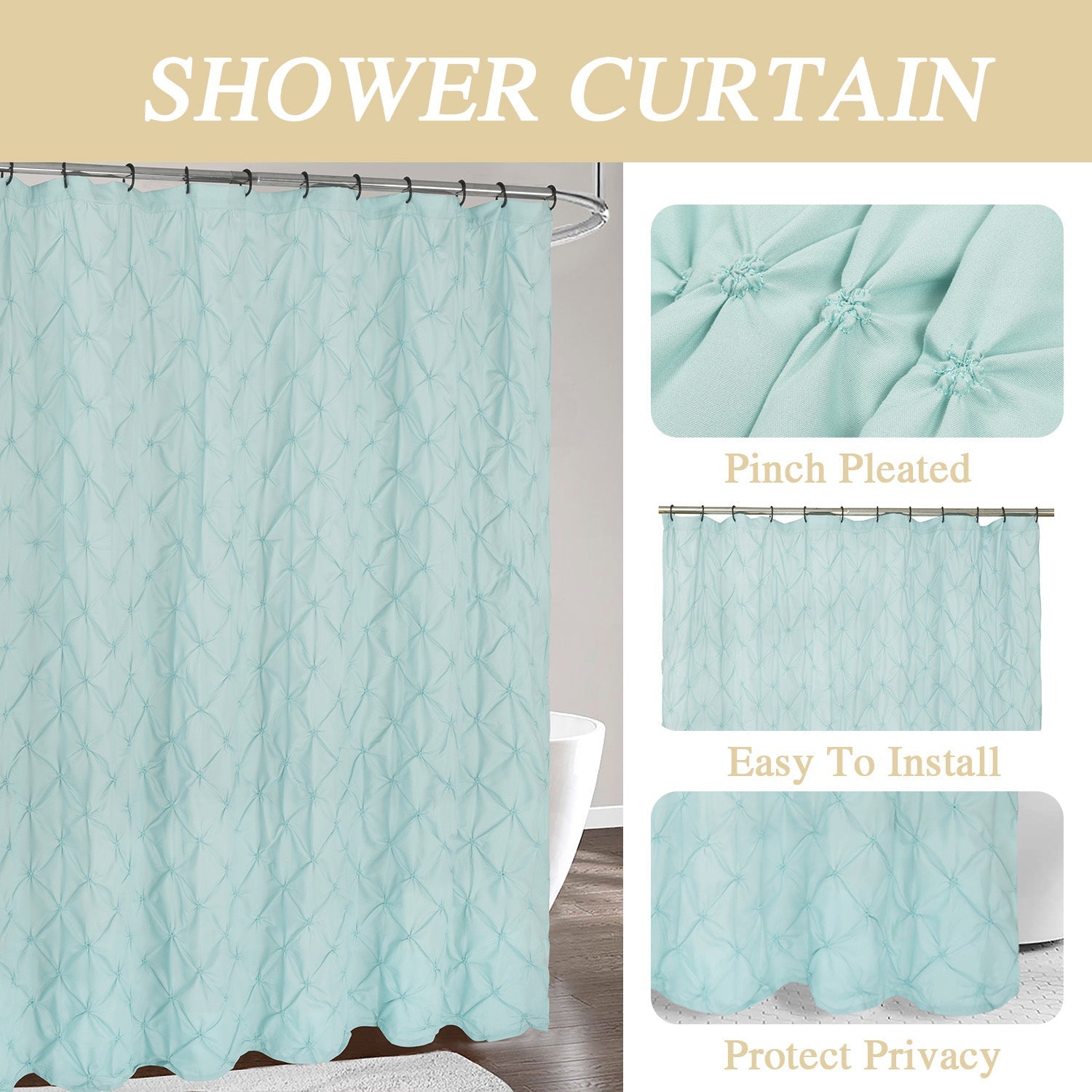 HIG Farmhouse Pinch Pleated Shower Curtains, 72" x 72", Blue and Pink