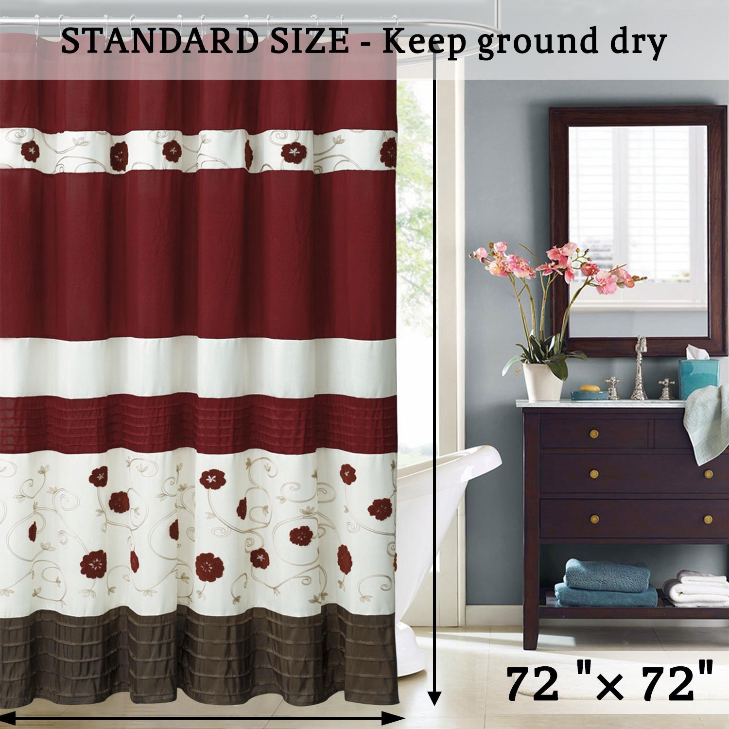HIG Luxurious Farmhouse Unique Floral Emboridered Cloth Fabric Shower Curtain 72x72 Extra Long Bathroom Curtain
