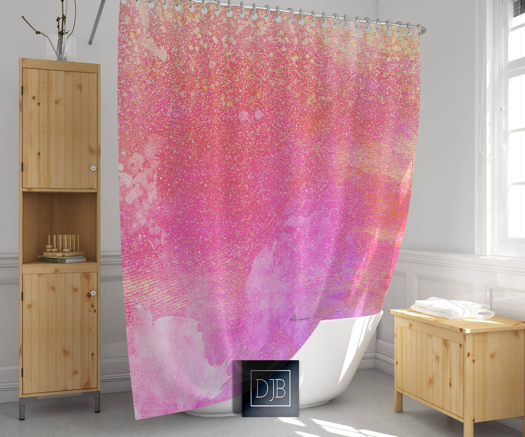 Pink Abstract Watercolor Shower Curtain with Optional Bathmat | Pink and Purple Shimmer Bathroom Decor