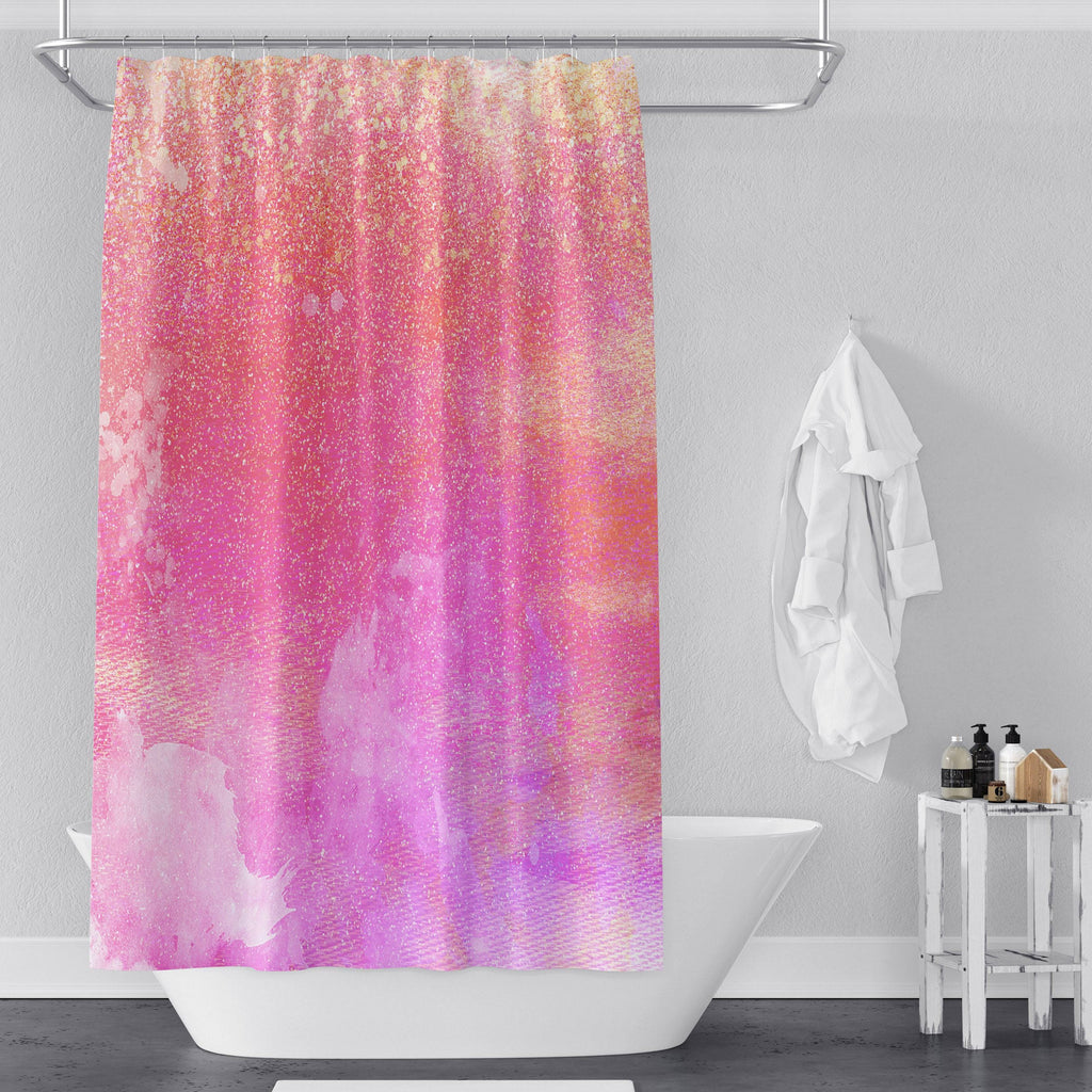 Pink Abstract Watercolor Shower Curtain with Optional Bathmat | Pink and Purple Shimmer Bathroom Decor