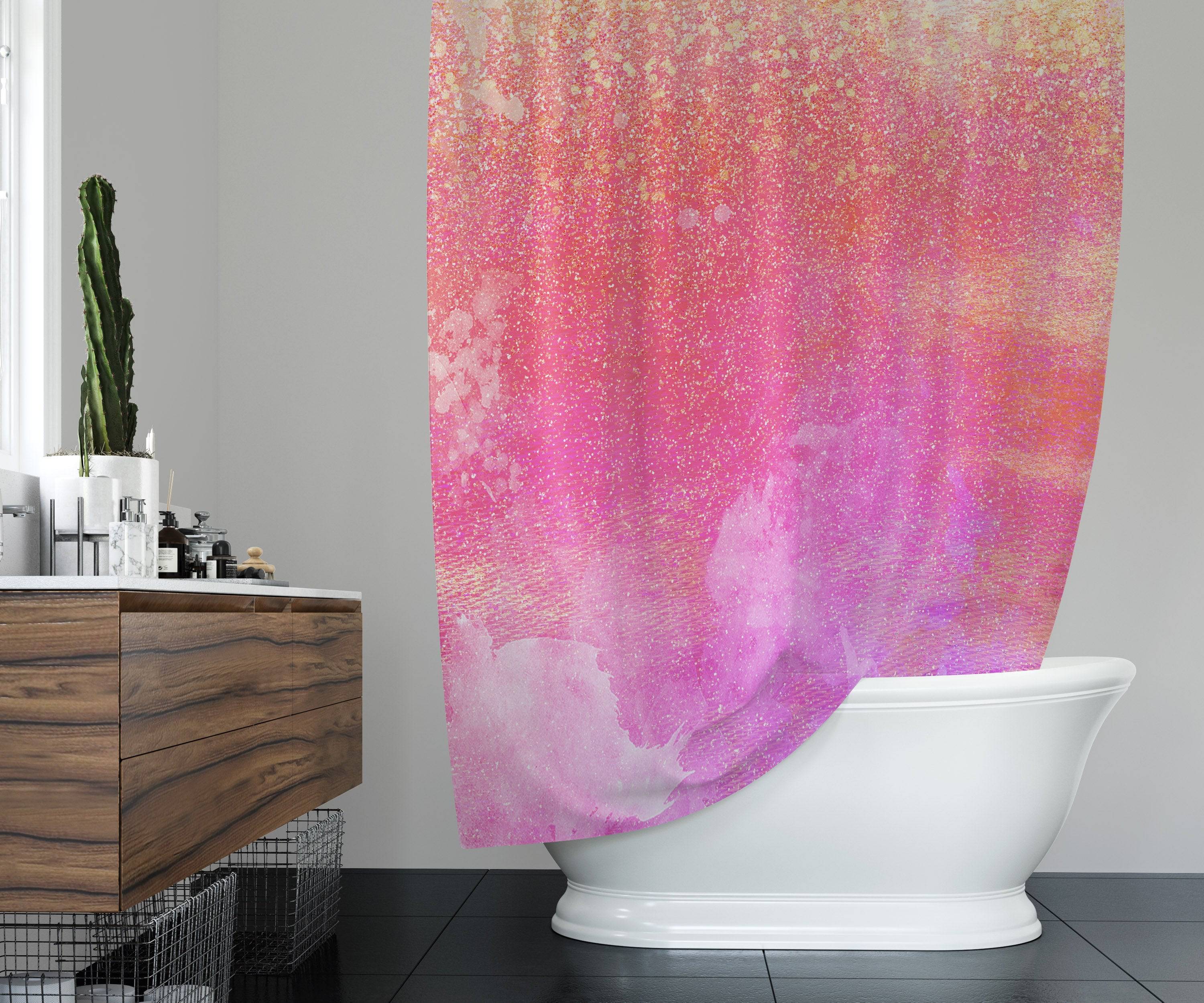 Pink Abstract Watercolor Shower Curtain with Optional Bathmat | Pink and Purple Shimmer Bathroom Decor