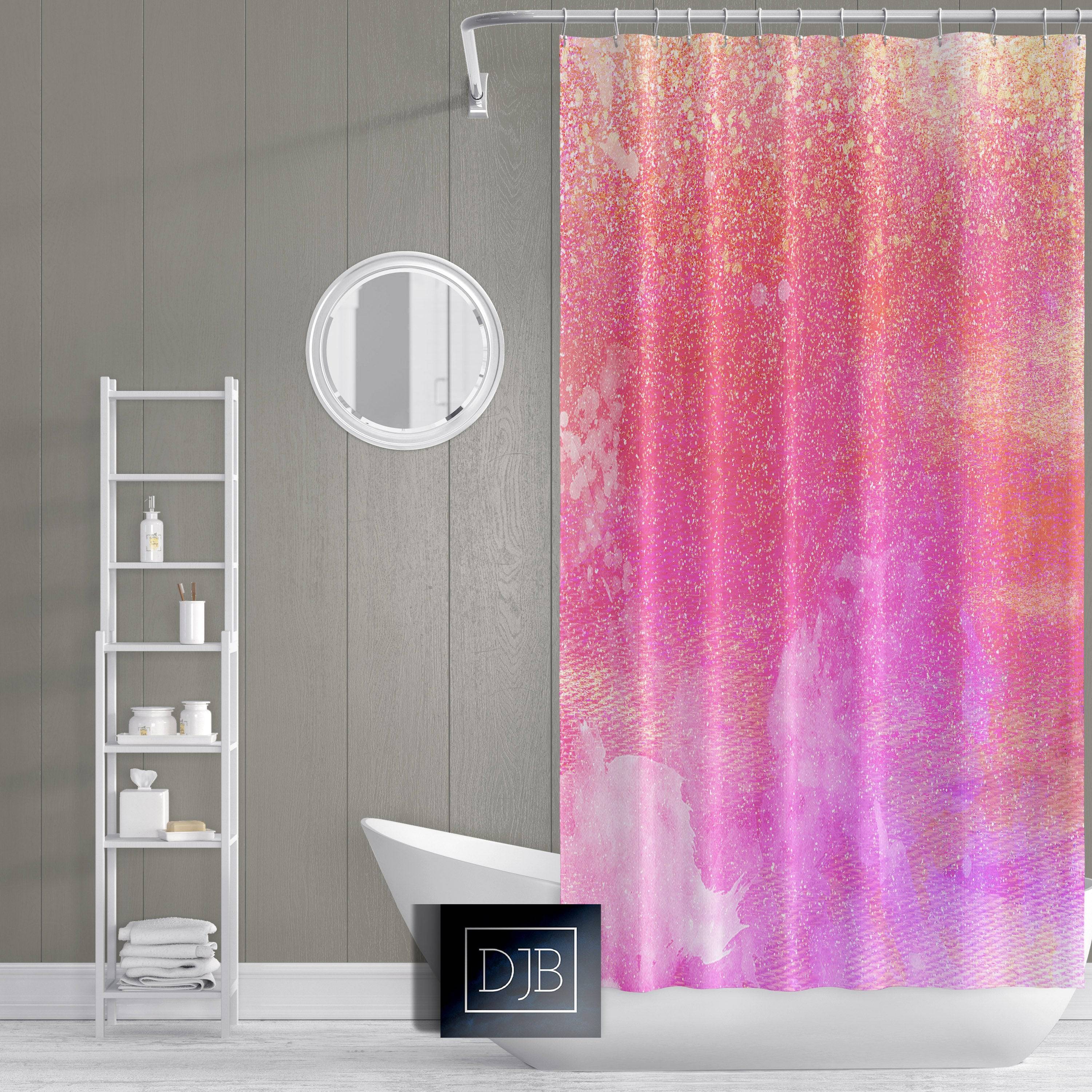 Pink Abstract Watercolor Shower Curtain with Optional Bathmat | Pink and Purple Shimmer Bathroom Decor