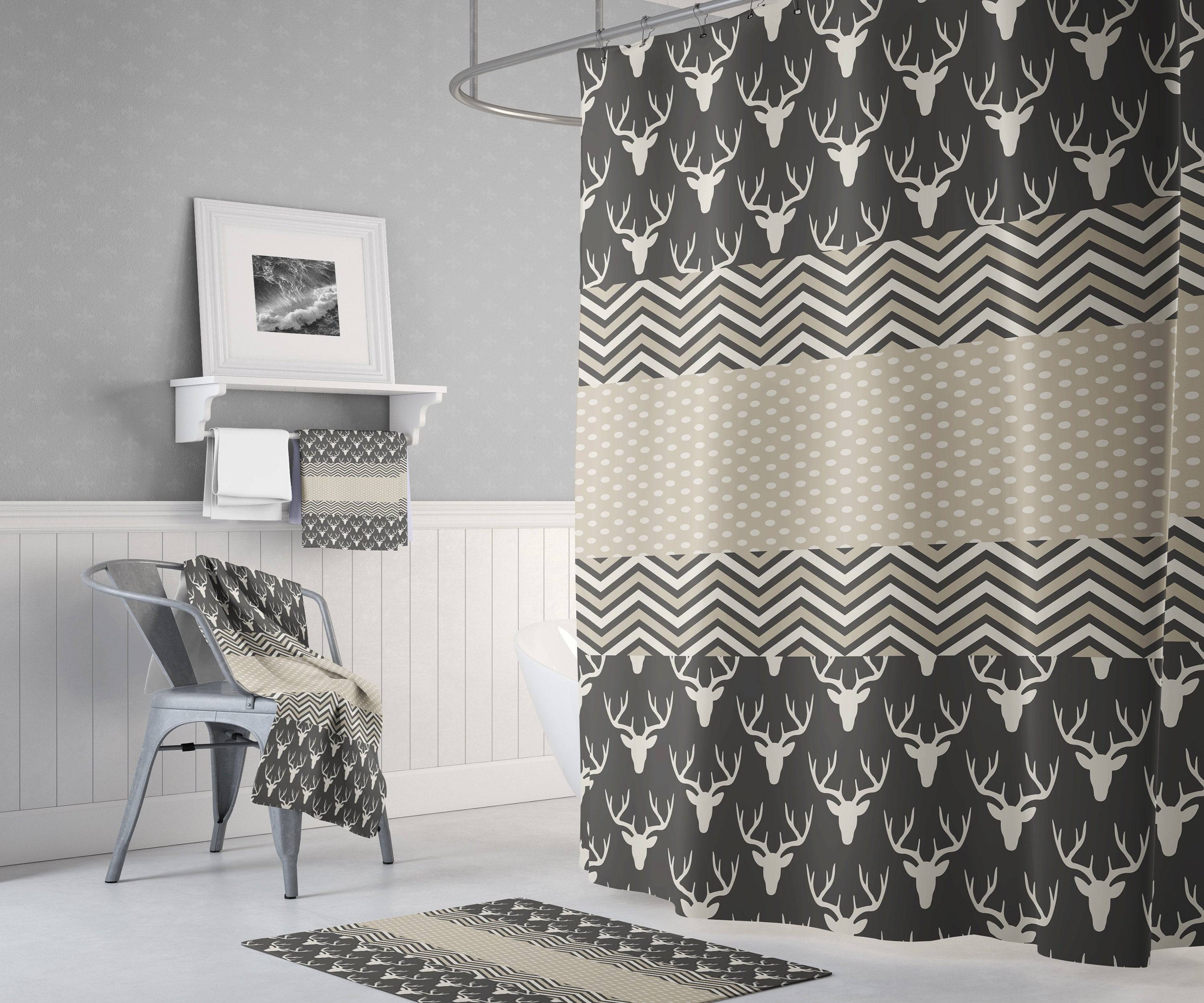 Rustic Deer Pattern Shower Curtain | Country Bathroom Decor | Chevron Pattern