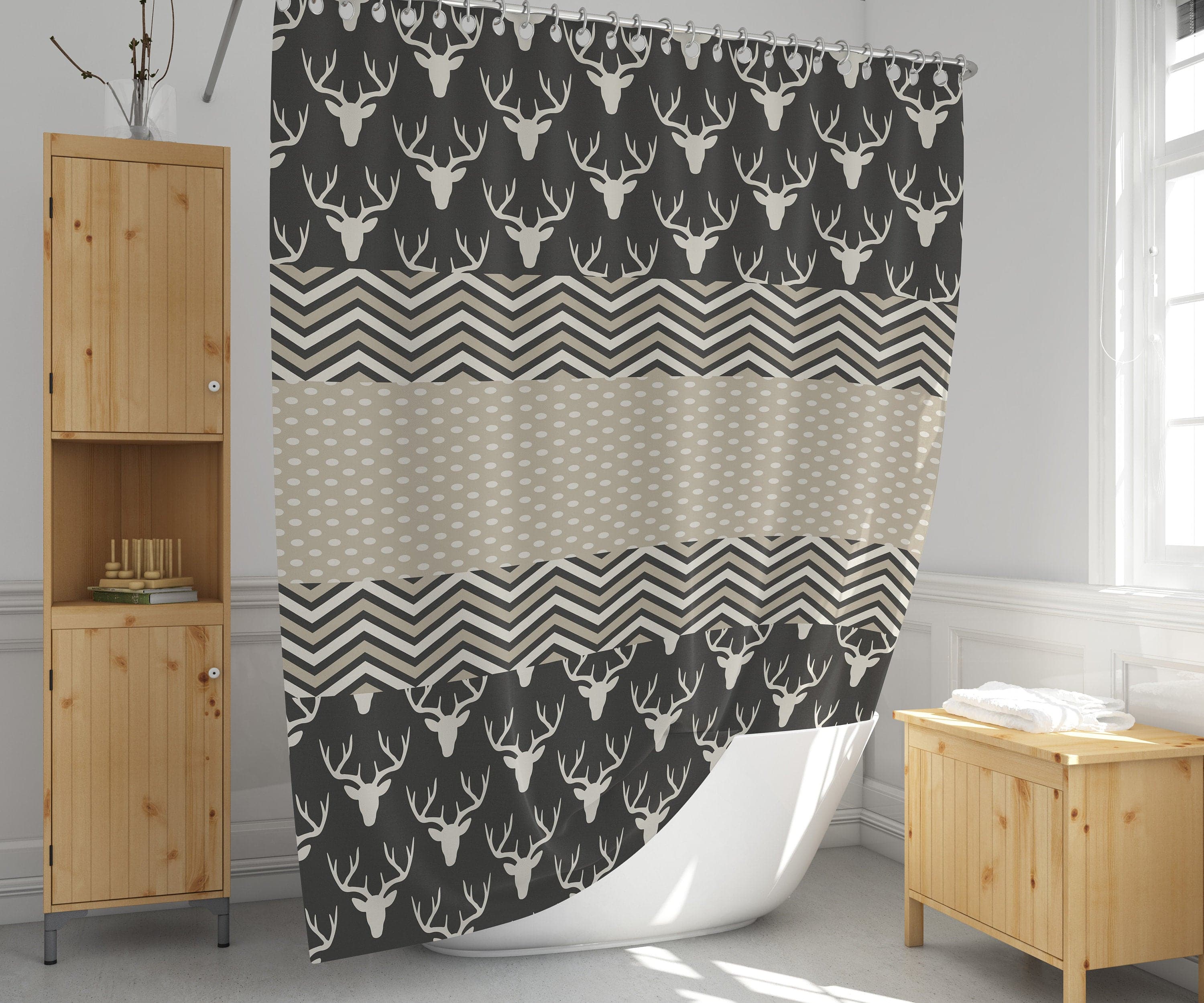 Rustic Deer Pattern Shower Curtain | Country Bathroom Decor | Chevron Pattern