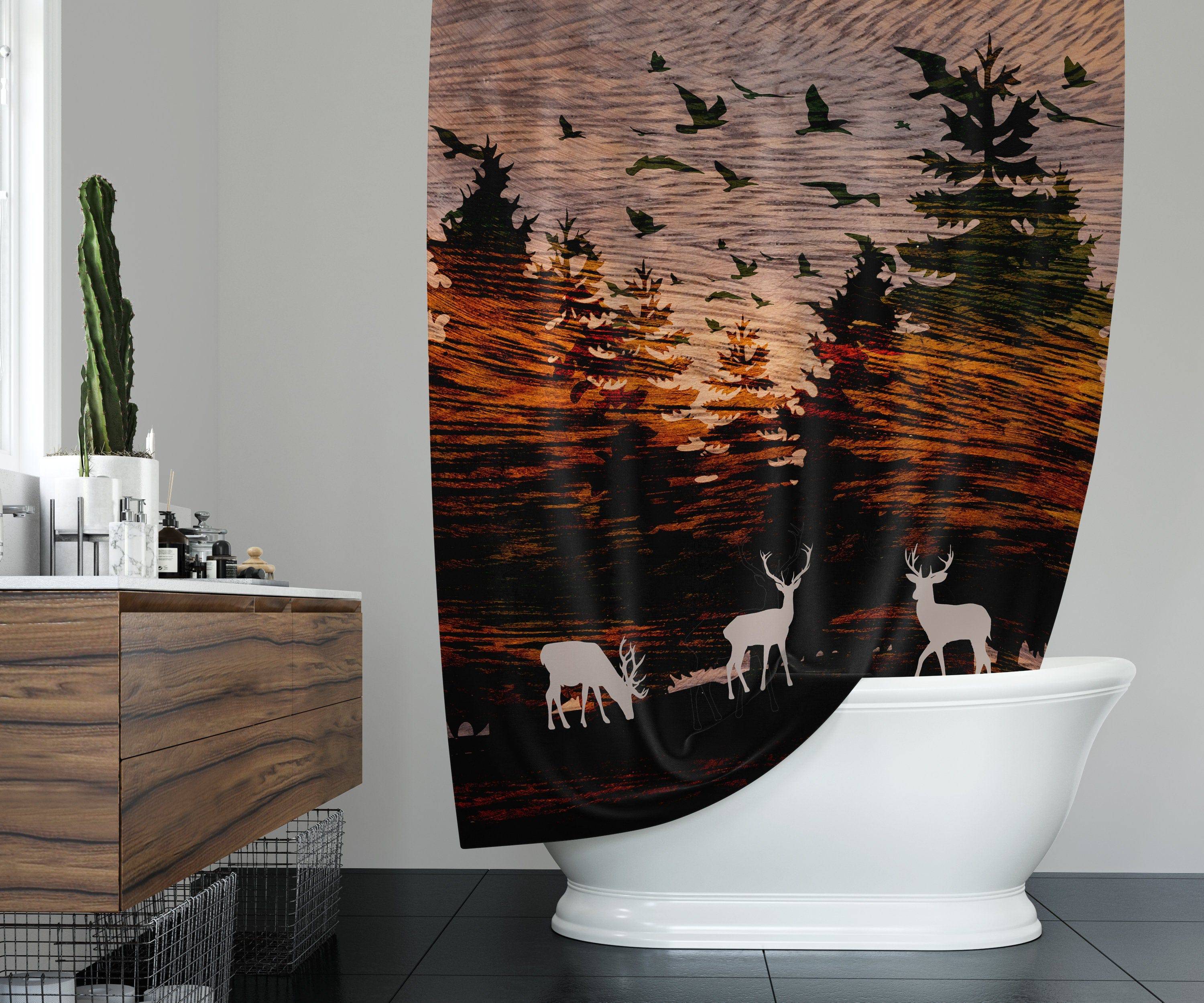 Rustic Sunset Woodland Shower Curtain | Forest, Wildlife, Deer, Birds Shower Curtain | Hunting, Outdoors