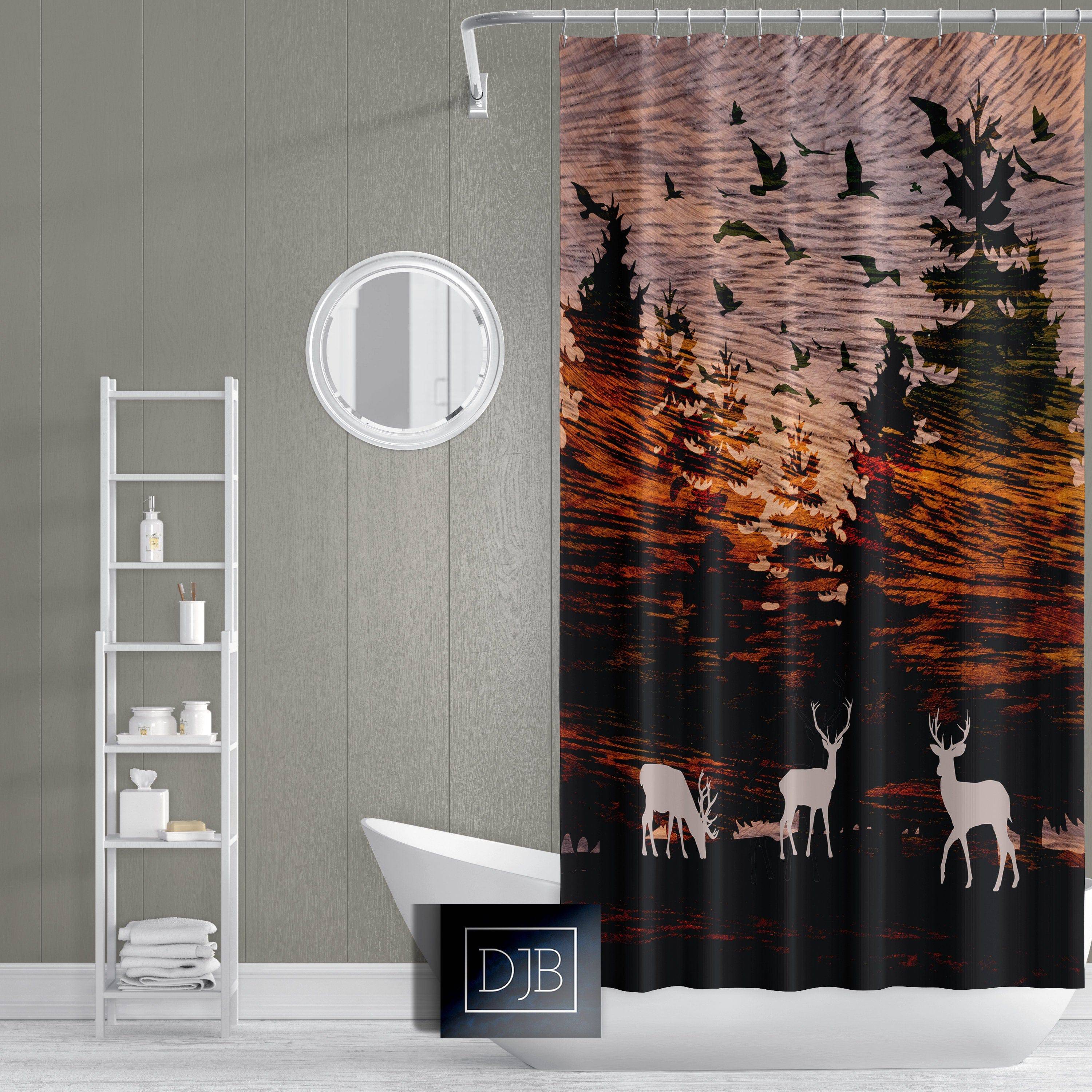 Rustic Sunset Woodland Shower Curtain | Forest, Wildlife, Deer, Birds Shower Curtain | Hunting, Outdoors