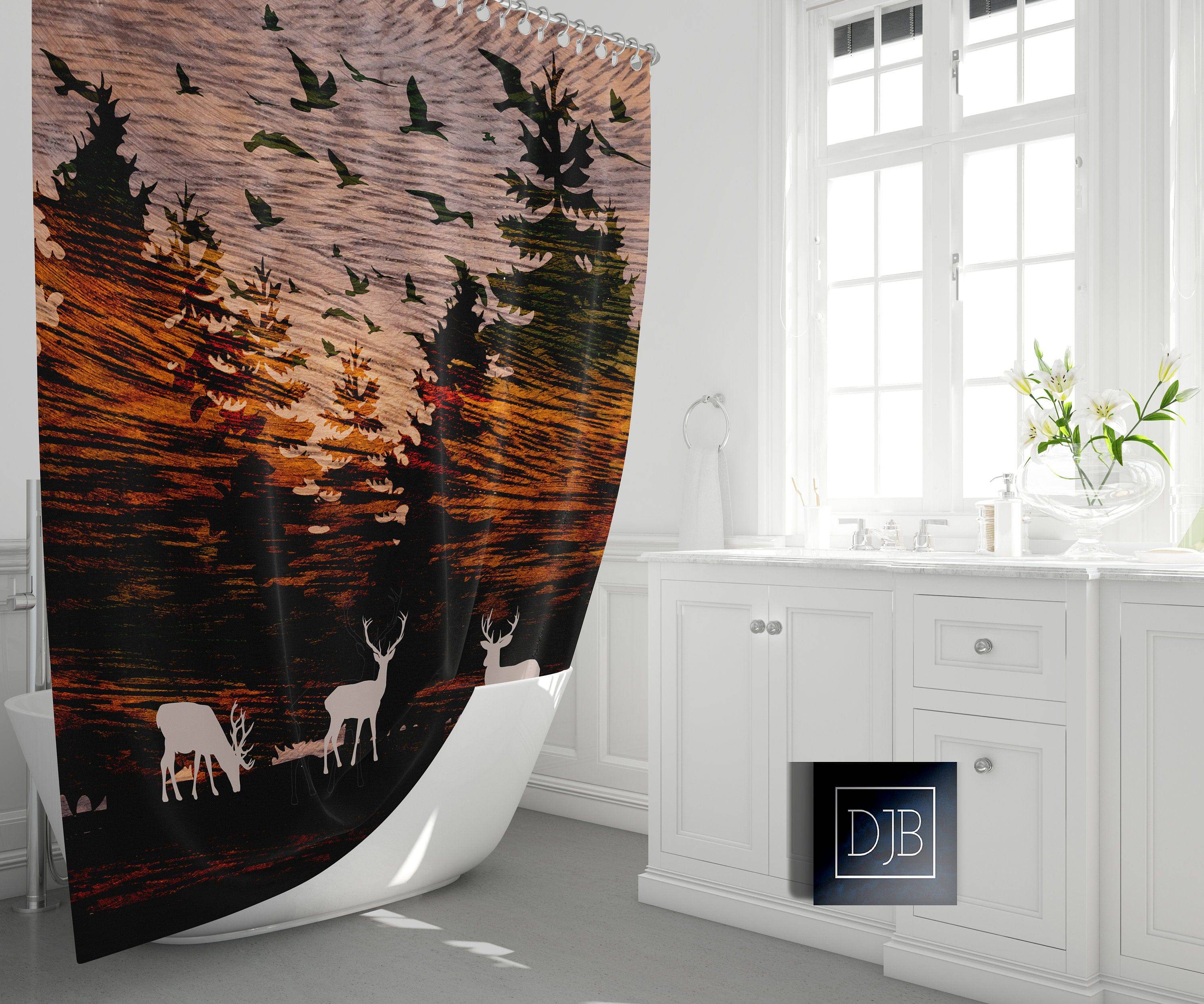 Rustic Sunset Woodland Shower Curtain | Forest, Wildlife, Deer, Birds Shower Curtain | Hunting, Outdoors