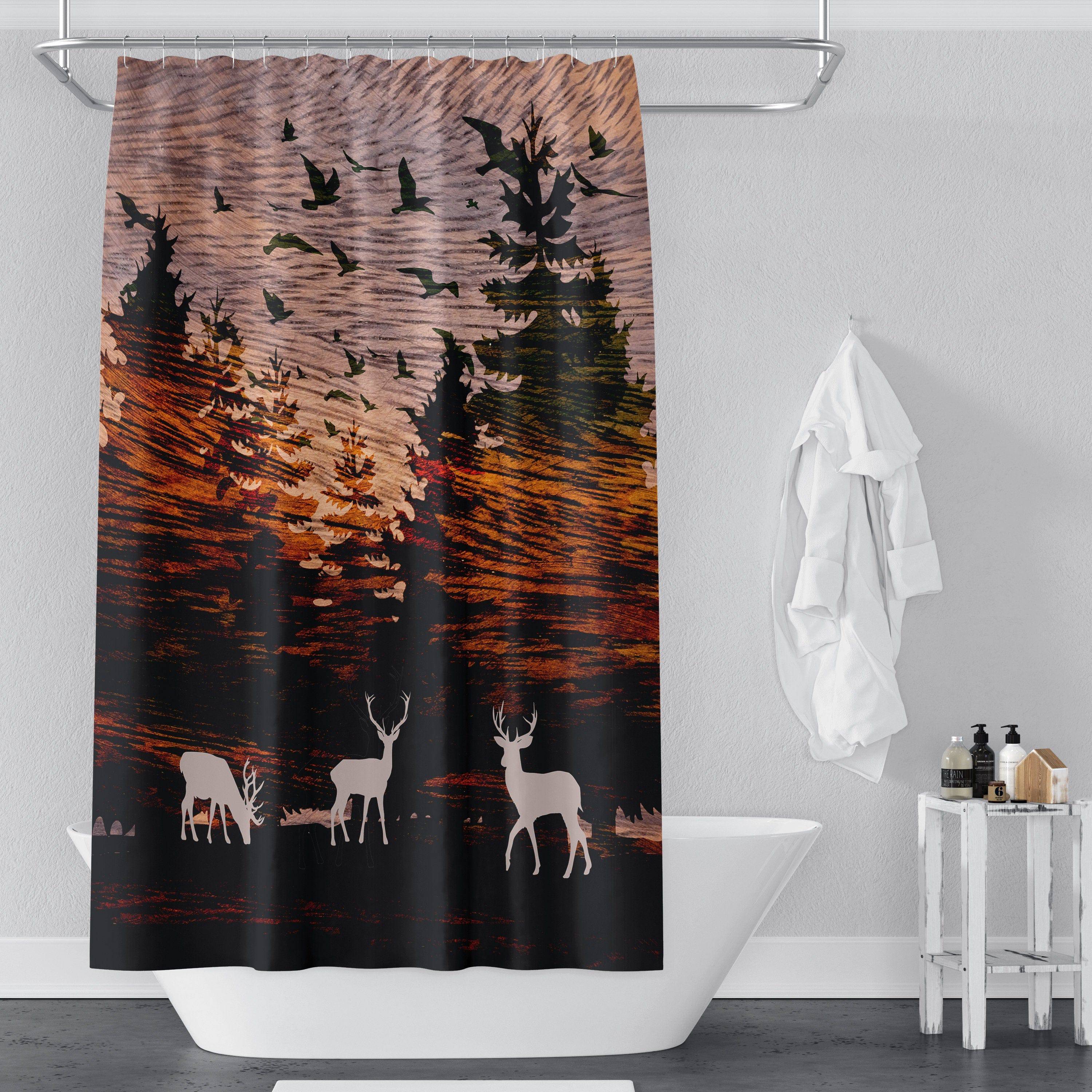 Rustic Sunset Woodland Shower Curtain | Forest, Wildlife, Deer, Birds Shower Curtain | Hunting, Outdoors