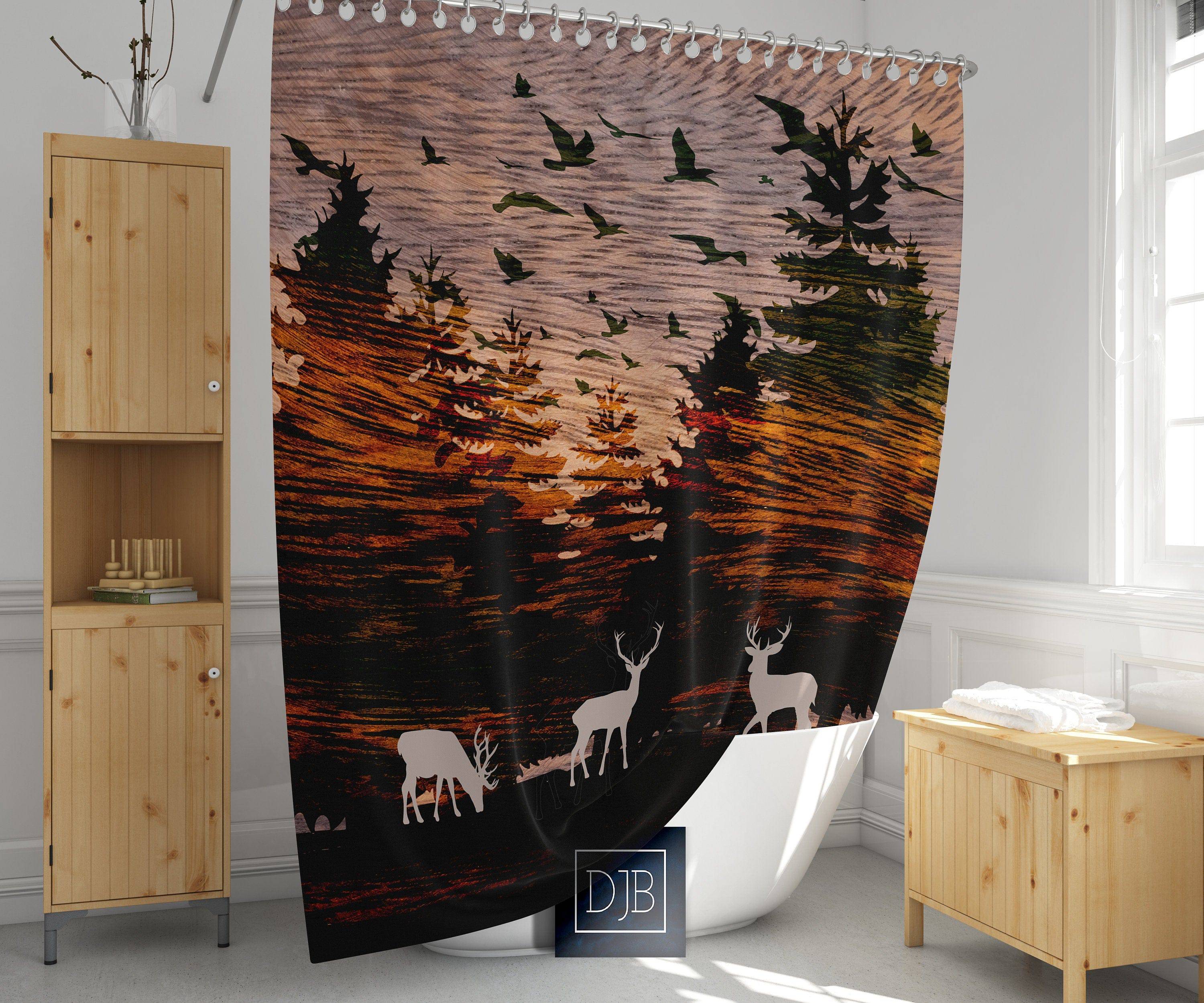 Rustic Sunset Woodland Shower Curtain | Forest, Wildlife, Deer, Birds Shower Curtain | Hunting, Outdoors