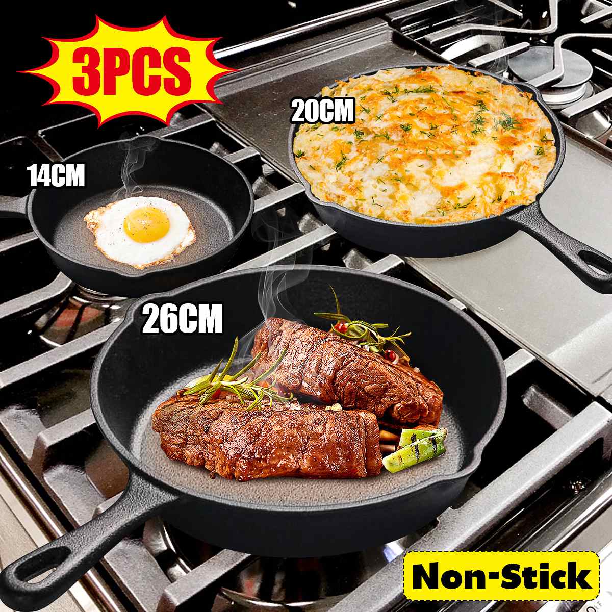 3Pcs/Set 14-26CM Cast Iron Skillet Frying Pan for Gas Induction Cooker Eggs Pancake Pot Non-stick Kitchen&Dining Tools Cookware