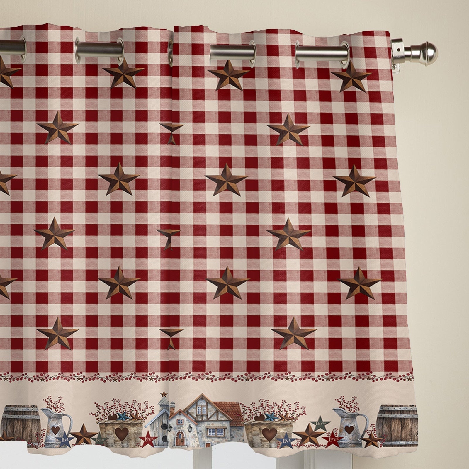 Country Star Berry Retro Red Plaid Curtains for Living Room Luxury Window Curtain Bedroom Kitchen Curtains Drapes