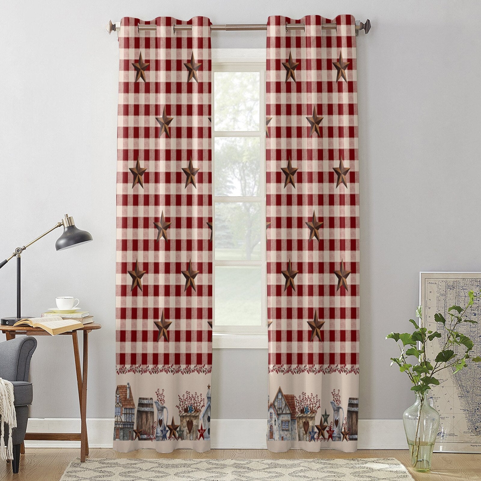 Country Star Berry Retro Red Plaid Curtains for Living Room Luxury Window Curtain Bedroom Kitchen Curtains Drapes