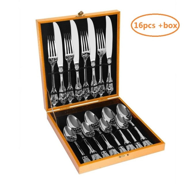 16pcs Luxury Silverware Dinnerware Cutlery Stainless Steel Gold Dinner set Retro Party Tableware in Box