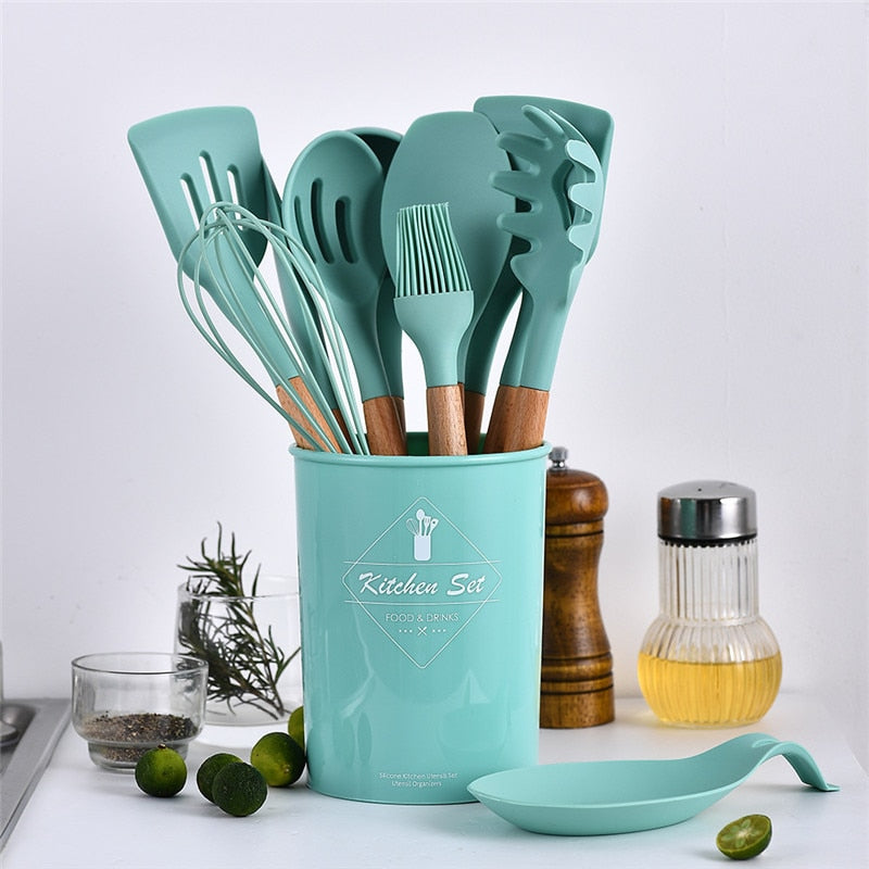 9/11/12Pcs Silicone Cooking Utensils Set Non-stick Spatula Shovel Wooden Handle Cooking Tools Set with Kitchen Tools Storage Box