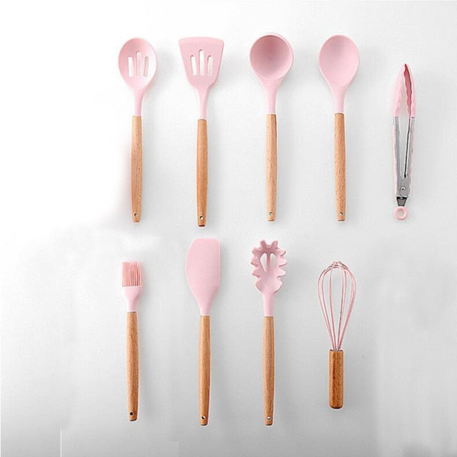 9/11/12Pcs Silicone Cooking Utensils Set Non-stick Spatula Shovel Wooden Handle Cooking Tools Set with Kitchen Tools Storage Box