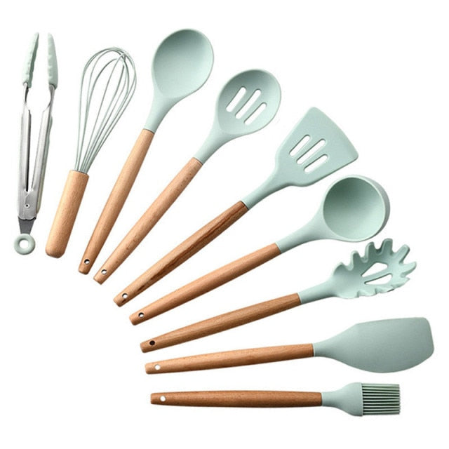 9/11/12Pcs Silicone Cooking Utensils Set Non-stick Spatula Shovel Wooden Handle Cooking Tools Set with Kitchen Tools Storage Box