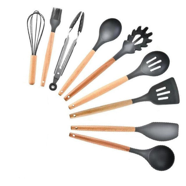 9/11/12Pcs Silicone Cooking Utensils Set Non-stick Spatula Shovel Wooden Handle Cooking Tools Set with Kitchen Tools Storage Box
