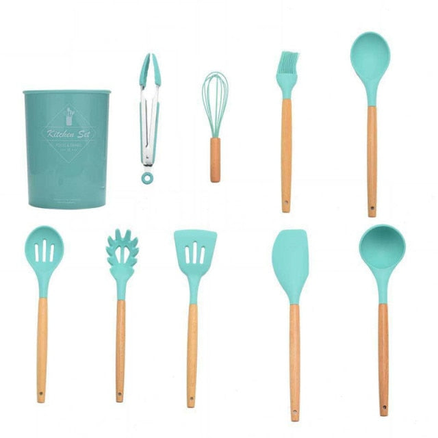 9/11/12Pcs Silicone Cooking Utensils Set Non-stick Spatula Shovel Wooden Handle Cooking Tools Set with Kitchen Tools Storage Box