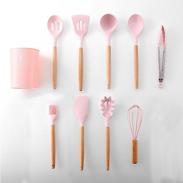 9/11/12Pcs Silicone Cooking Utensils Set Non-stick Spatula Shovel Wooden Handle Cooking Tools Set with Kitchen Tools Storage Box