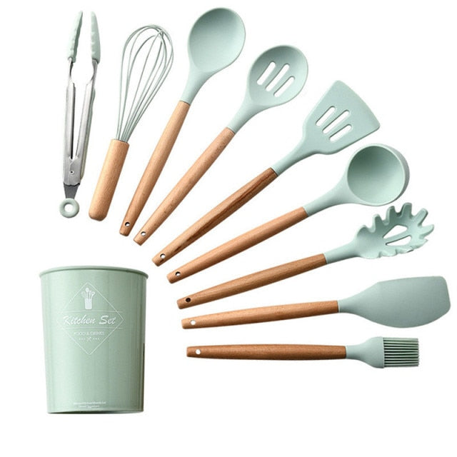9/11/12Pcs Silicone Cooking Utensils Set Non-stick Spatula Shovel Wooden Handle Cooking Tools Set with Kitchen Tools Storage Box