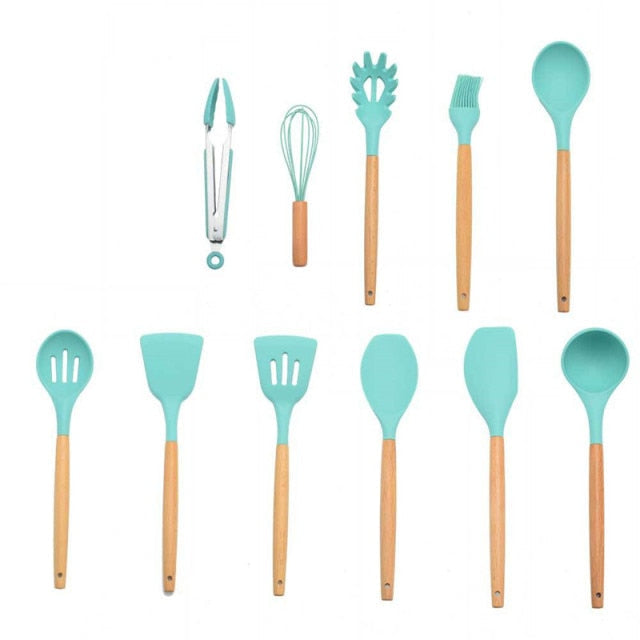 9/11/12Pcs Silicone Cooking Utensils Set Non-stick Spatula Shovel Wooden Handle Cooking Tools Set with Kitchen Tools Storage Box
