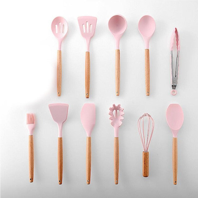 9/11/12Pcs Silicone Cooking Utensils Set Non-stick Spatula Shovel Wooden Handle Cooking Tools Set with Kitchen Tools Storage Box