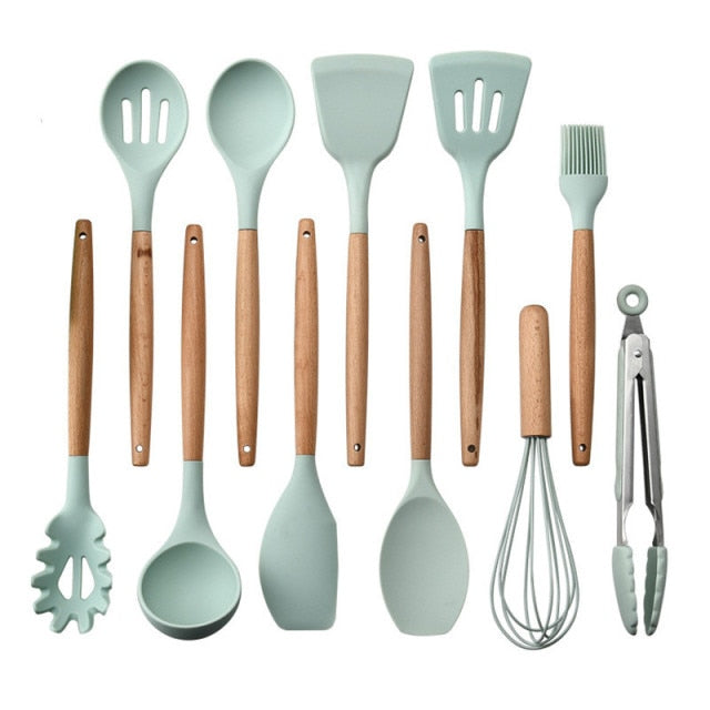 9/11/12Pcs Silicone Cooking Utensils Set Non-stick Spatula Shovel Wooden Handle Cooking Tools Set with Kitchen Tools Storage Box