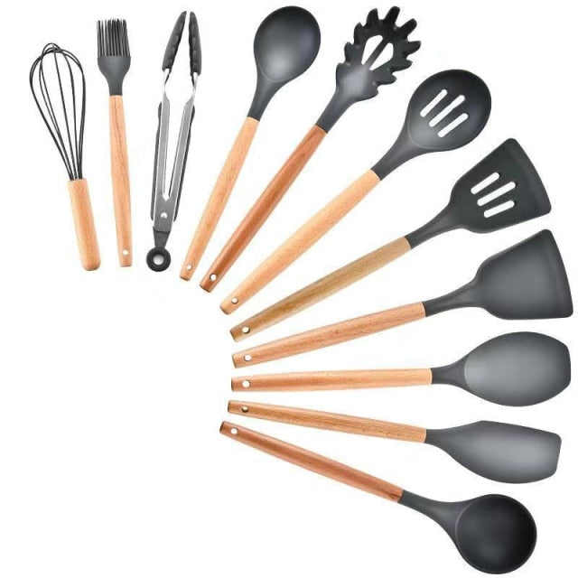 9/11/12Pcs Silicone Cooking Utensils Set Non-stick Spatula Shovel Wooden Handle Cooking Tools Set with Kitchen Tools Storage Box