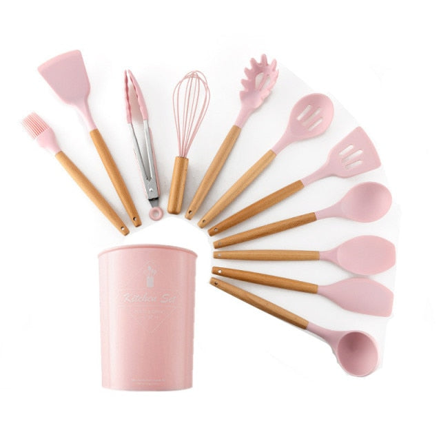 9/11/12Pcs Silicone Cooking Utensils Set Non-stick Spatula Shovel Wooden Handle Cooking Tools Set with Kitchen Tools Storage Box