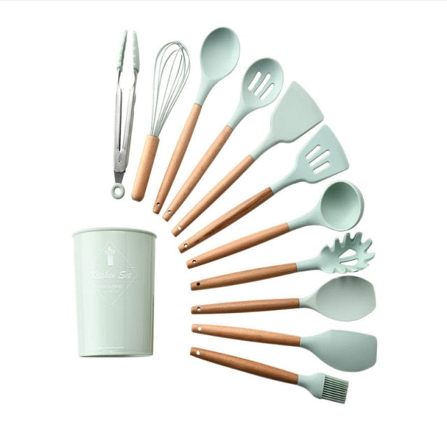 9/11/12Pcs Silicone Cooking Utensils Set Non-stick Spatula Shovel Wooden Handle Cooking Tools Set with Kitchen Tools Storage Box