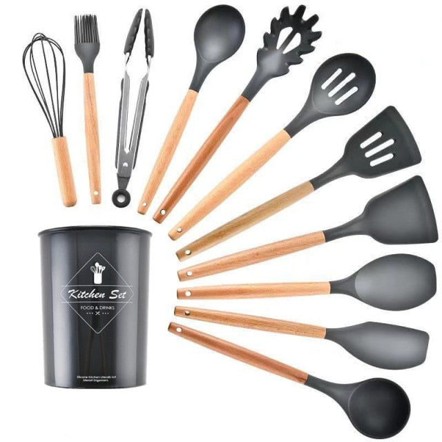 9/11/12Pcs Silicone Cooking Utensils Set Non-stick Spatula Shovel Wooden Handle Cooking Tools Set with Kitchen Tools Storage Box