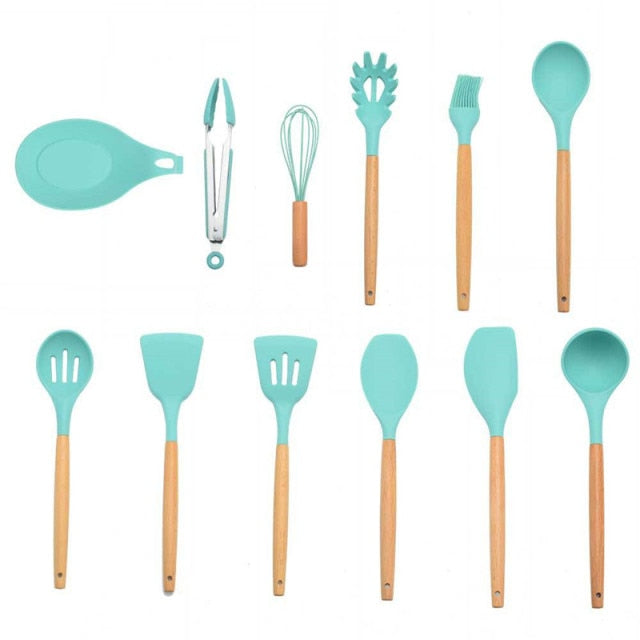 9/11/12Pcs Silicone Cooking Utensils Set Non-stick Spatula Shovel Wooden Handle Cooking Tools Set with Kitchen Tools Storage Box