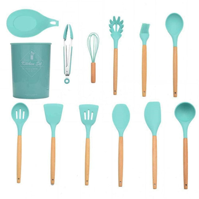 9/11/12Pcs Silicone Cooking Utensils Set Non-stick Spatula Shovel Wooden Handle Cooking Tools Set with Kitchen Tools Storage Box