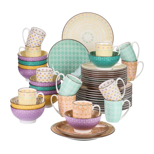 Vancasso Tulip 16/32/48-Piece 4-Color 4-Design Porcelain Dinnerware Set Plate Set with Dinner Plate,Dessert Plate,Bowl,Mug Set
